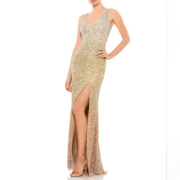 ★Mac Duggal★ Gold ギャザーVネック スパンコール ドレス NWT Mac Duggal Sequined Sleeveless V-Neck Slit Gown, Ombre